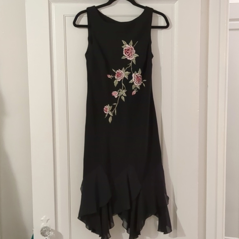 90s Y2K handkerchief hem asymmetrical hem rose embroidered little black dress